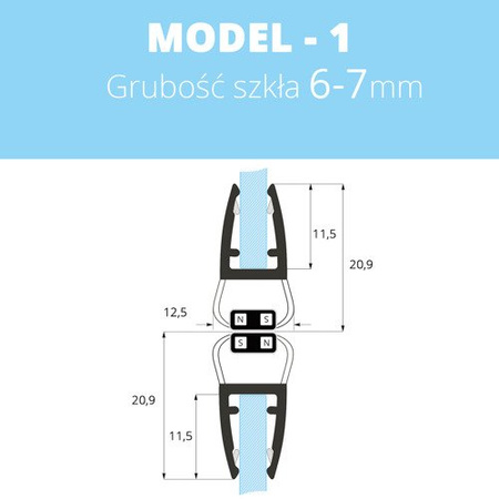 Uszczelka magnetyczna do kabin prysznicowych do szyb 6mm - 8mm MODEL 1