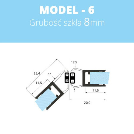 Uszczelka magnetyczna do kabin prysznicowych do szyb 6mm - 8mm MODEL 6